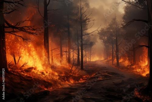 tragedy unfolds: forest ablaze with destructive beauty, Generative AI