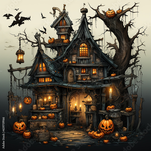 Halloween ghost house. AI generation..