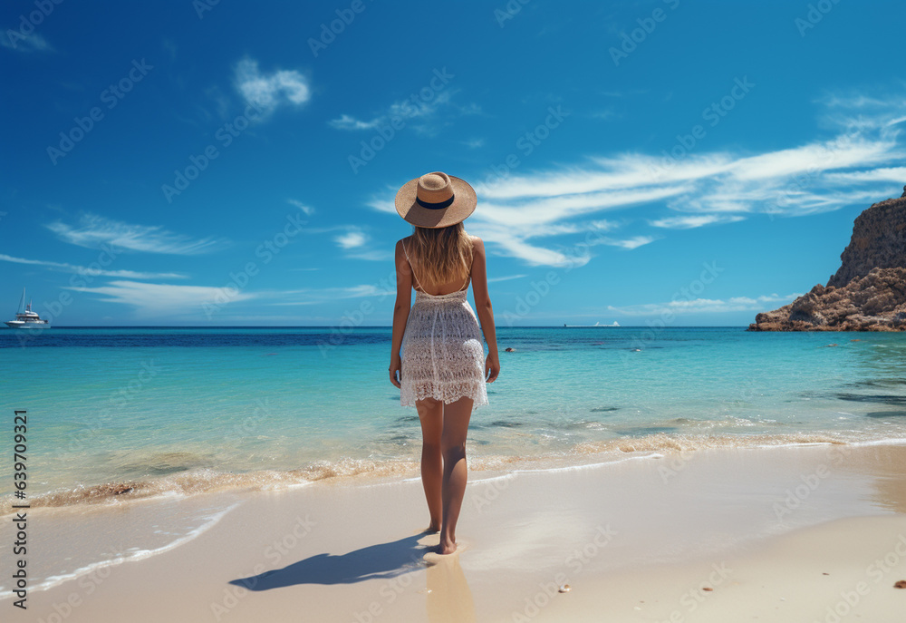 Ai generative young tourist woman in summer dress and hat standing on beautiful sandy beach. Cute girl enjoying Ai generative young tourist woman in summer dress and hat standing on beautiful sandy beach. Cute girl enjoying