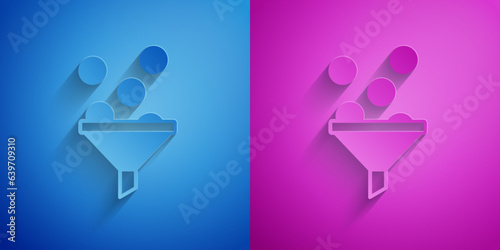 Paper cut Lead management icon isolated on blue and purple background. Funnel with money. Target client business concept. Paper art style. Vector