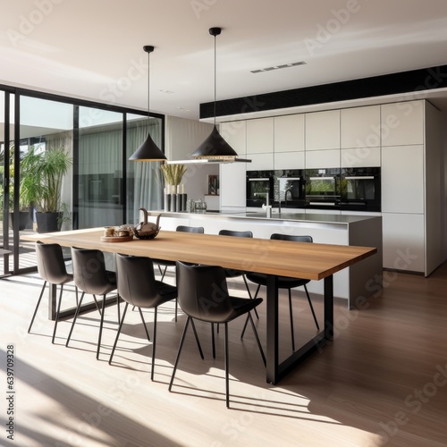 Elegant modern minimalist interior design of kitchen with island, dining table and chairs