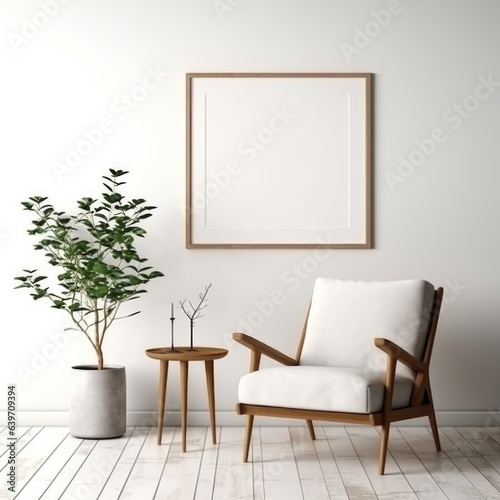 Empty mock up poster frame on white wall. Interior design of modern living room with armchair