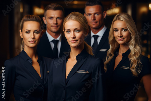 Advertising portrait shot of a hotel staff team standing together in a hotel and they look at the camera. Generative AI