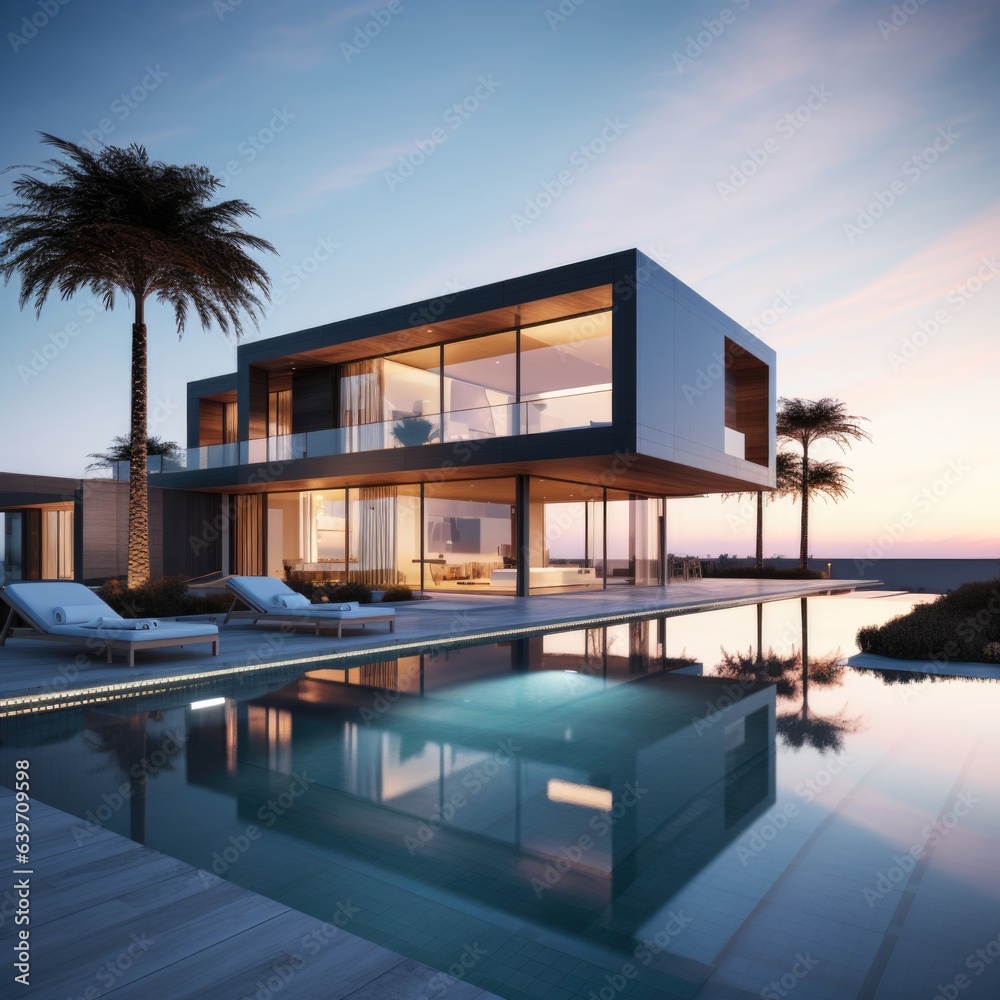 Exterior of modern minimalist cubic villa with swimming pool at sunset