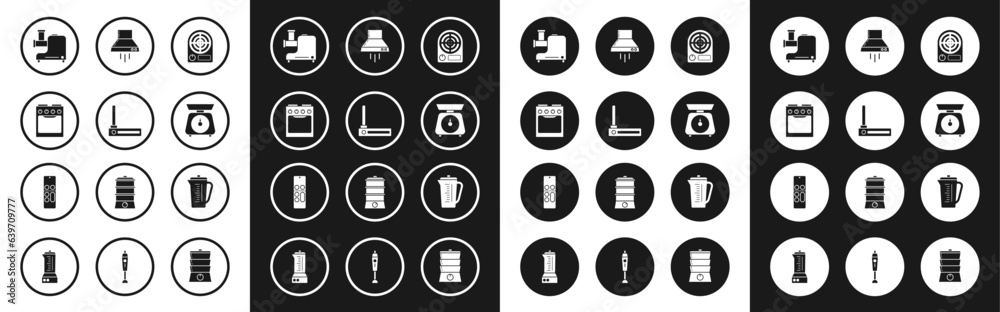 Set Electric heater, Router and wi-fi signal, Oven, Kitchen meat grinder, Scales, extractor fan, Measuring cup and Remote control icon. Vector Set Electric heater, Router and wi-fi signal, Oven, Kitchen meat grinder, Scales, extractor fan, Measuring cup and Remote control icon. Vector