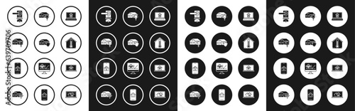 Set Laptop with smart home, House under protection, Smart house and light bulb, Digital door lock wireless technology for unlock, temperature, wi-fi and Mobile phone icon. Vector