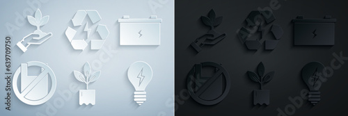 Set Plant in bottle, Car battery, Say no to plastic bags poster, Light bulb with lightning symbol, Battery recycle and hand of environmental protection icon. Vector