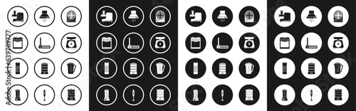 Set Electric heater, Router and wi-fi signal, Oven, Kitchen meat grinder, Scales, extractor fan, Measuring cup and Remote control icon. Vector