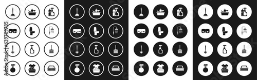 Set Plastic bottles for liquid dishwashing liquid, Toilet bowl, Sponge, plunger, Shower head with water drops flowing, Handle broom and brush icon. Vector