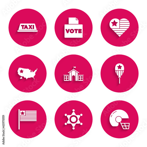 Set United States Capitol Congress, Hexagram sheriff, American football helmet, Balloons, flag, USA map, Independence day and Taxi car roof icon. Vector