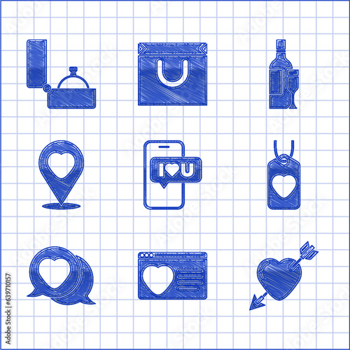 Set Mobile with heart, Dating app online, Amour and arrow, Heart tag, speech bubble, Location, Champagne bottle and Diamond engagement ring icon. Vector