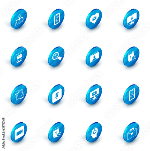 Set Mute microphone on mobile, Heart with text work, Video chat conference, Online working, Magnifying glass briefcase, Time management and icon. Vector