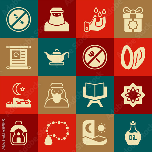 Set Essential oil bottle, Octagonal star, Date fruit, Wudhu, Oil lamp, Holy book of Koran, No Smoking and Ramadan fasting icon. Vector
