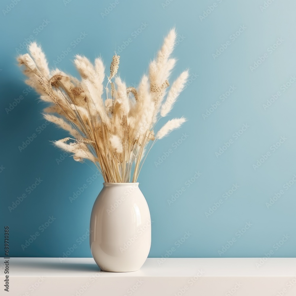 Field dried flowers in white vase on table against blue wall background. Interior design of modern living room with space for text