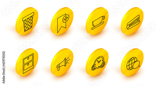Set line World map made from speech bubble, Time Management, Megaphone, Archive papers drawer, Office stapler, Coffee cup flat, Bookmark and Trash can icon. Vector