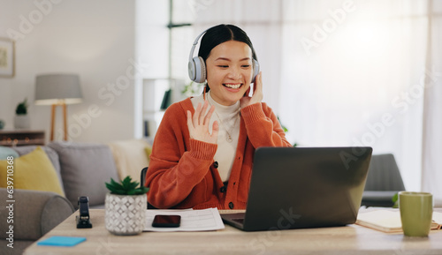 Woman on video call with work from home laptop, headphones and virtual international online meeting. Hello, wave and asian person in China in webinar for remote working or global update in computer