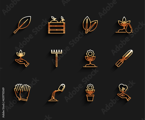 Set line Garden gloves, Watering can with water, Leaf, Flower pot, Tree hand of environmental protection, rake, Gardening handmade scissors for trimming and icon. Vector