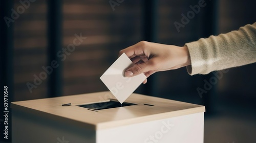 Vote ballot box. Female or women putting paper vote into the box. Election concept. Democracy, freedom of speech, justice voting and opinion. Referendum.