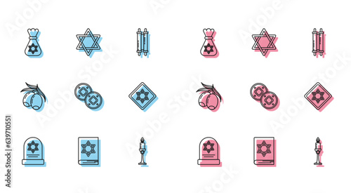Set line Tombstone with star of david, Jewish torah book, money bag, Burning candle in candlestick, coin, Star David, Olives branch and icon. Vector