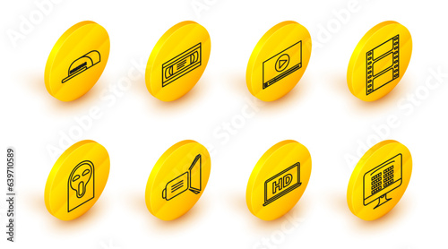 Set line Buy cinema ticket online, Movie spotlight, Funny and scary ghost mask, Play Video, Online play, VHS cassette tape and Cap inscription director icon. Vector