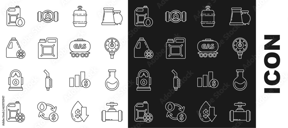 Set line Industry metallic pipes and valve, Test tube flask, Motor gas gauge, Propane tank, Canister for gasoline, Antifreeze canister, motor machine oil and Gas railway cistern icon. Vector Set line Industry metallic pipes and valve, Test tube flask, Motor gas gauge, Propane tank, Canister for gasoline, Antifreeze canister, motor machine oil and Gas railway cistern icon. Vector