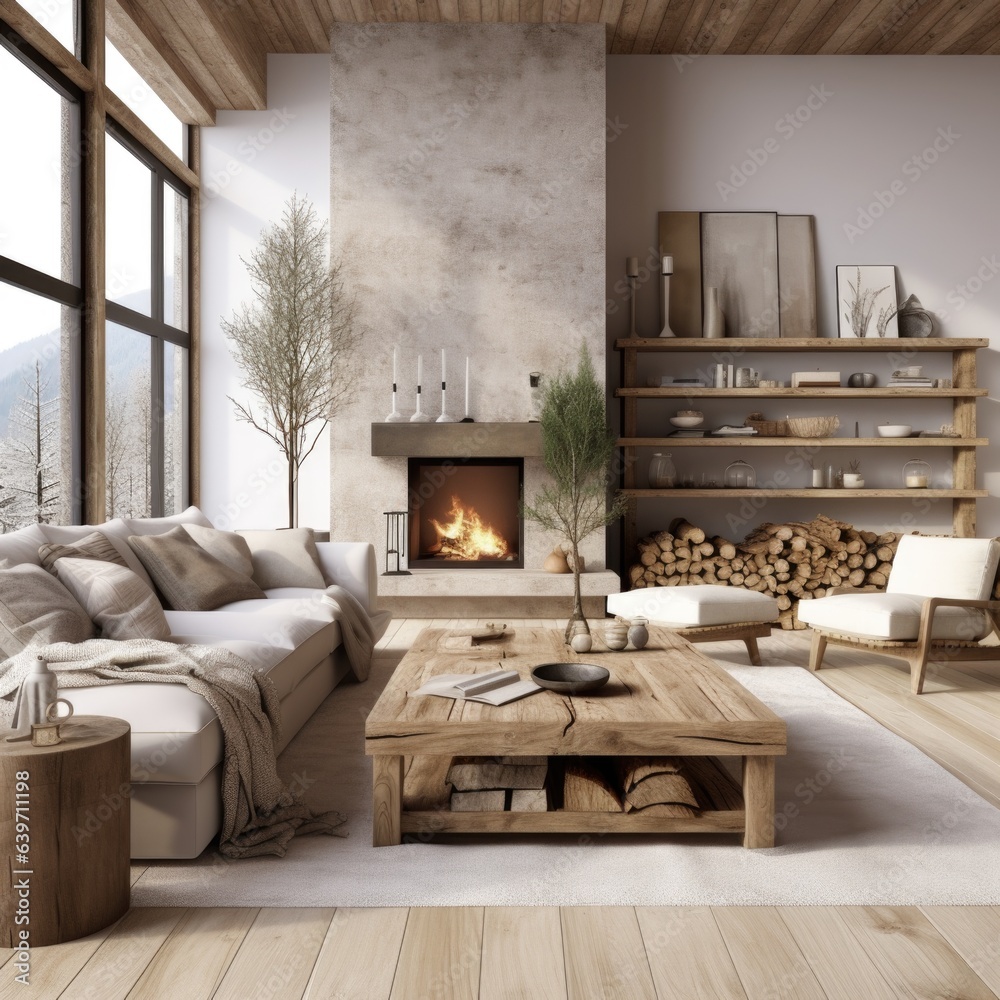 Hygge interior design of modern living room with rustic furniture Hygge interior design of modern living room with rustic furniture
