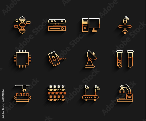 Set line Factory conveyor system belt, Binary code, DNA symbol, Router and wi-fi signal, Robotic robot arm hand factory, Wireless charger, Test tube flask and Radar icon. Vector