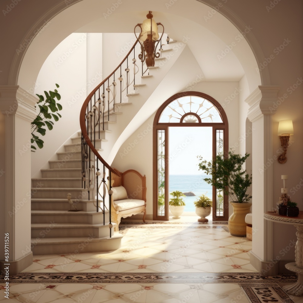 Interior design of Mediterranean style entrance hall with door and staircase