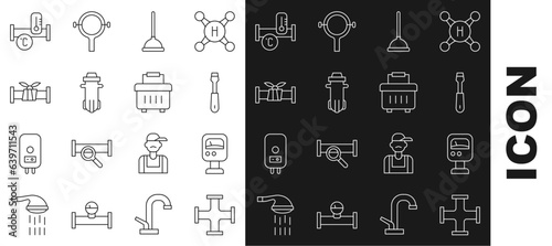 Set line Industry metallic pipe, Pressure water meter, Screwdriver, Rubber plunger, Water filter, and Toolbox icon. Vector