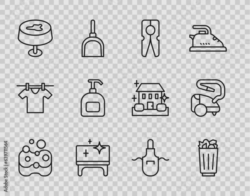 Set line Sponge, Full trash can, Clothes pin, Clean table, Stain tablecloth, Bottle of liquid soap, Kitchen apron and Vacuum cleaner icon. Vector