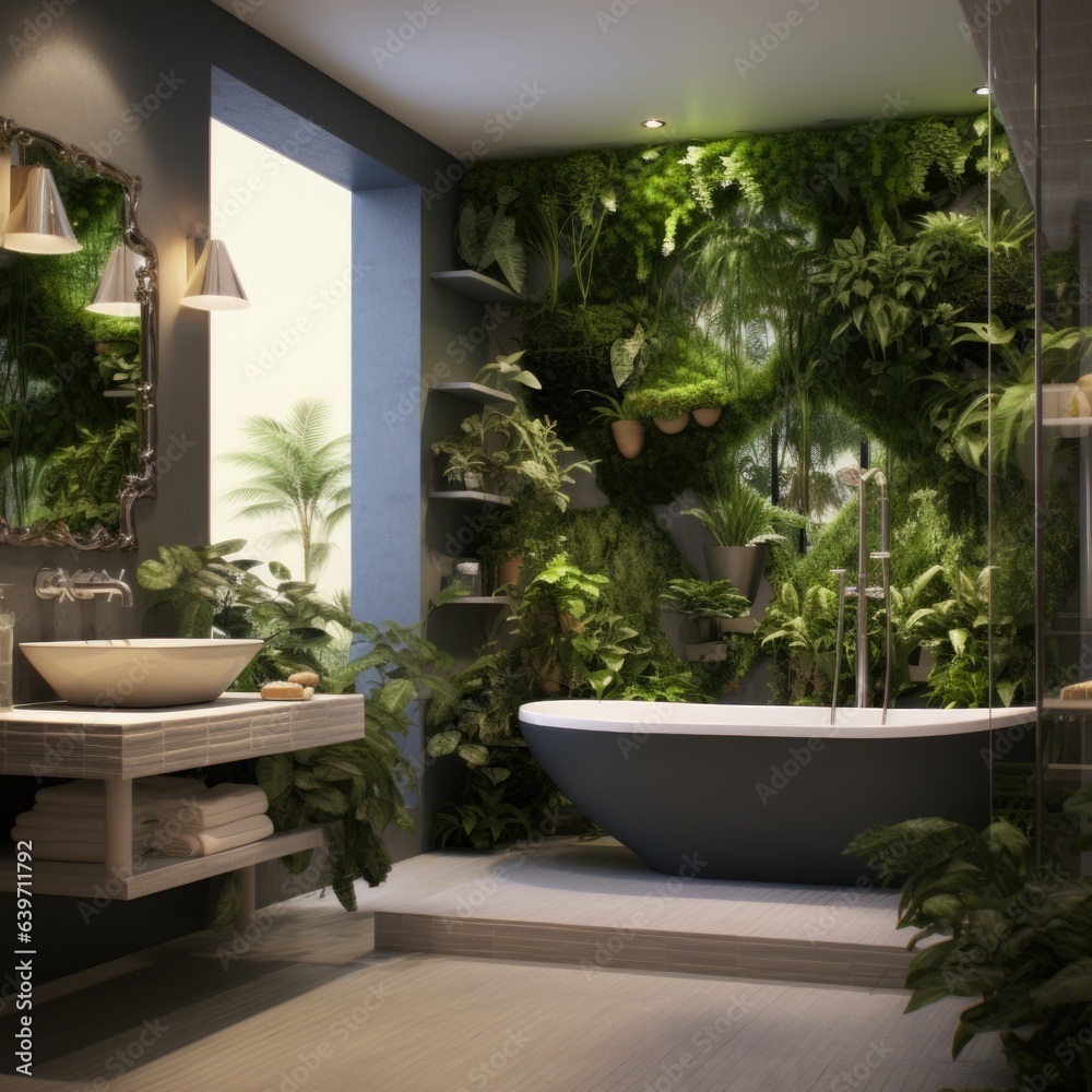 Interior design of modern bathroom with greenery. Interior design of modern bathroom with greenery.