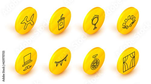 Set line Circus curtain raises, Unicycle or one wheel bicycle, Carnival garland with flags, Magician, Hand holding playing cards, fire hoop, Paper glass water and Balloon dog icon. Vector
