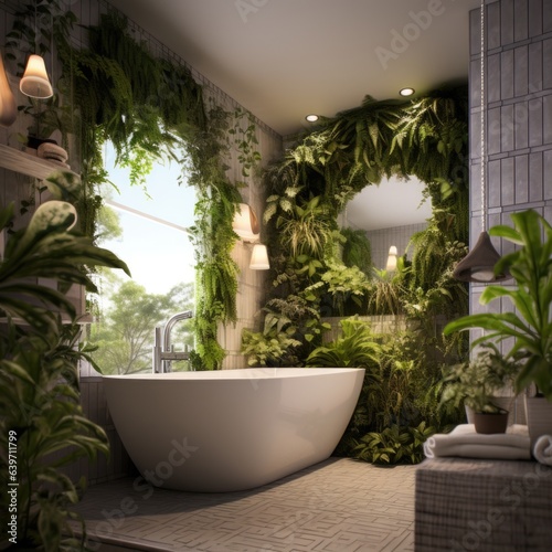  Interior design of modern bathroom with greenery