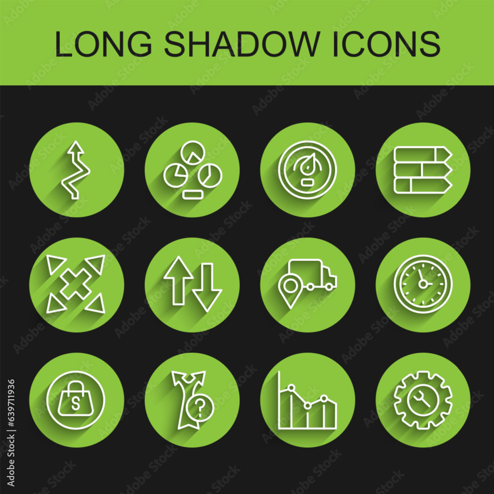 Set line Shopping bag with Sale, Arrow, Pie chart infographic, Wrench and gear, Clock and Delivery tracking icon. Vector Set line Shopping bag with Sale, Arrow, Pie chart infographic, Wrench and gear, Clock and Delivery tracking icon. Vector