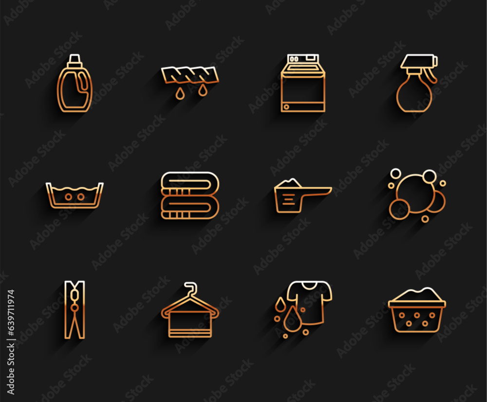 Set line Clothes pin, Towel on hanger, Bottle for cleaning agent, Dirty t-shirt, Basin with soap suds, stack, Soap water bubbles and Washing powder icon. Vector Set line Clothes pin, Towel on hanger, Bottle for cleaning agent, Dirty t-shirt, Basin with soap suds, stack, Soap water bubbles and Washing powder icon. Vector