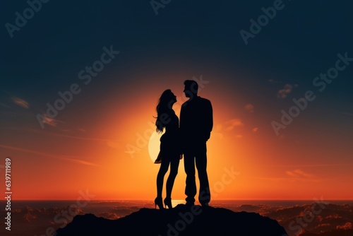 A silhouette of a man and woman standing on a mountain at sunset