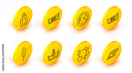Set line Electric iron, Soap water bubbles, Temperature wash, Feather, Washer, and Bottle for cleaning agent icon. Vector