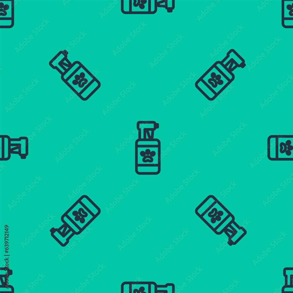 Blue line Pet shampoo icon isolated seamless pattern on green background. Pets care sign. Dog cleaning symbol. Vector Blue line Pet shampoo icon isolated seamless pattern on green background. Pets care sign. Dog cleaning symbol. Vector