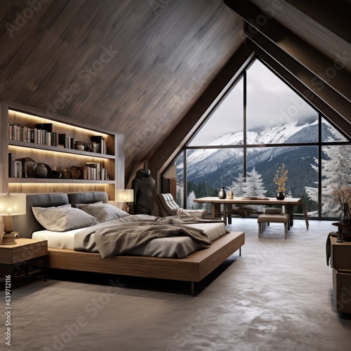 Interior design of modern bedroom in attic in chalet © Interior Design