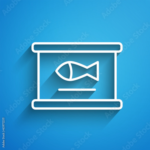 White line Canned fish icon isolated on blue background. Long shadow. Vector