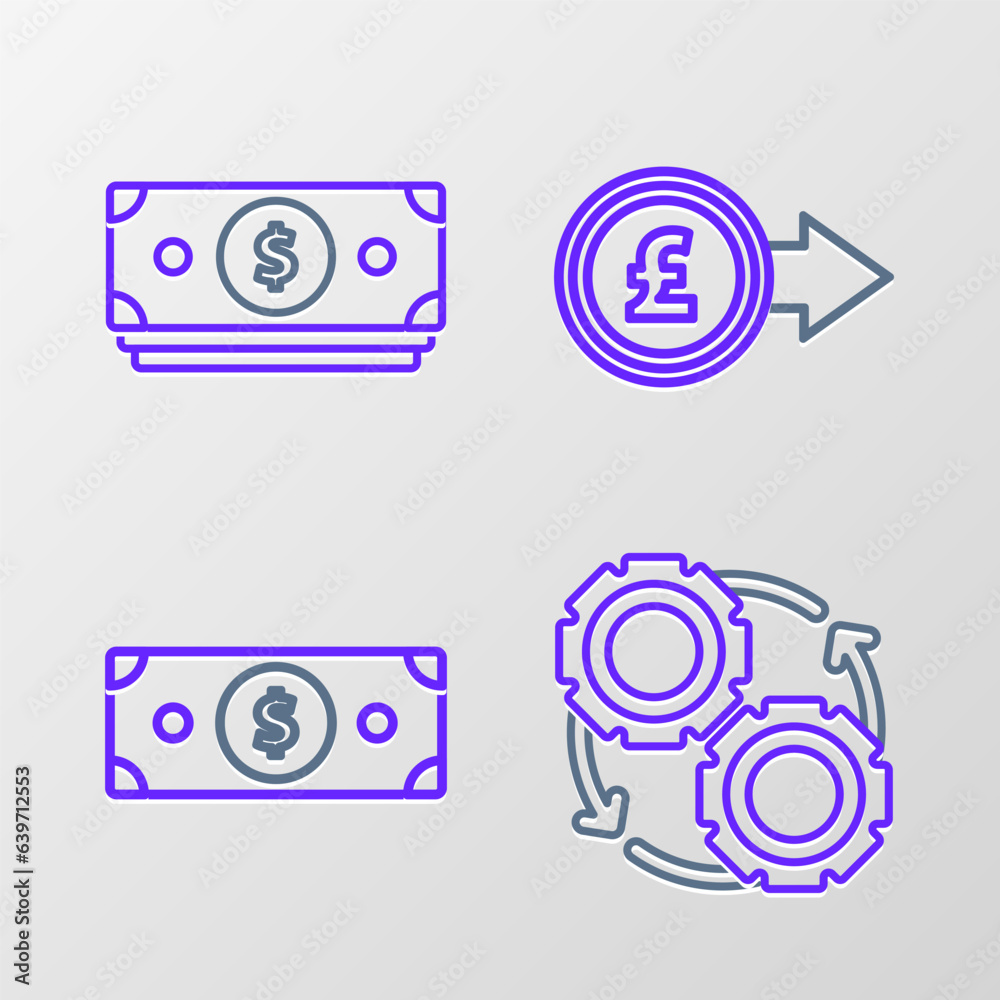 Set line Gear and arrows as workflow process concept, Stacks paper money cash, Coin with pound sterling symbol and icon. Vector Set line Gear and arrows as workflow process concept, Stacks paper money cash, Coin with pound sterling symbol and icon. Vector