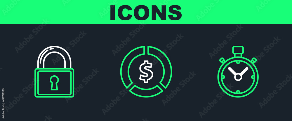 Set line Stopwatch, Lock and Coin money with dollar symbol icon. Vector Set line Stopwatch, Lock and Coin money with dollar symbol icon. Vector