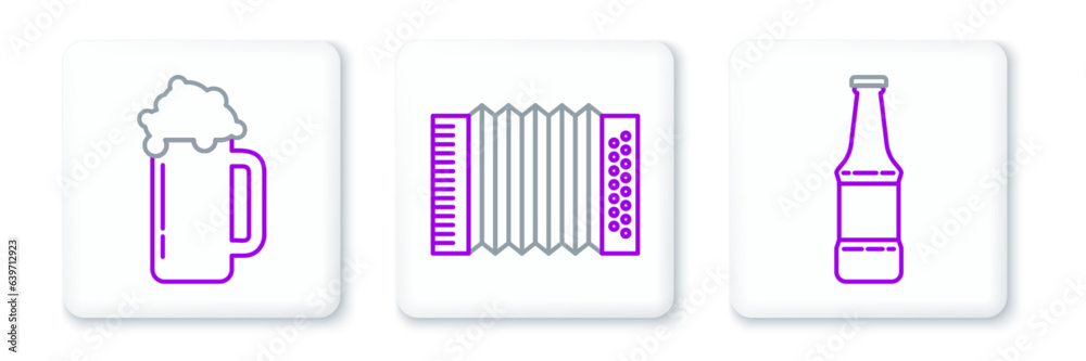 Set line Beer bottle, Glass of beer and Musical instrument accordion icon. Vector