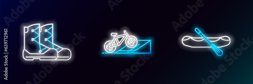 Set line Rafting boat, Boots and Bicycle on street ramp icon. Glowing neon. Vector