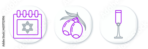 Set line Jewish goblet, calendar with star of david and Olives branch icon. Vector