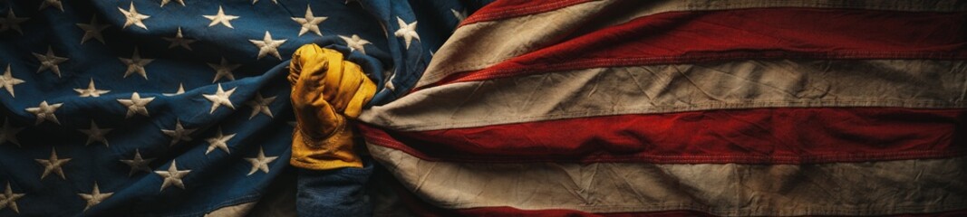 Worn work glove gripping old US American flag. Celebrating the American workforce or blue collar workers. Made in USA, or Labor Day concept.
