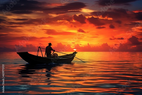 Drawing of silhouette of boat with fisherman at sunset.