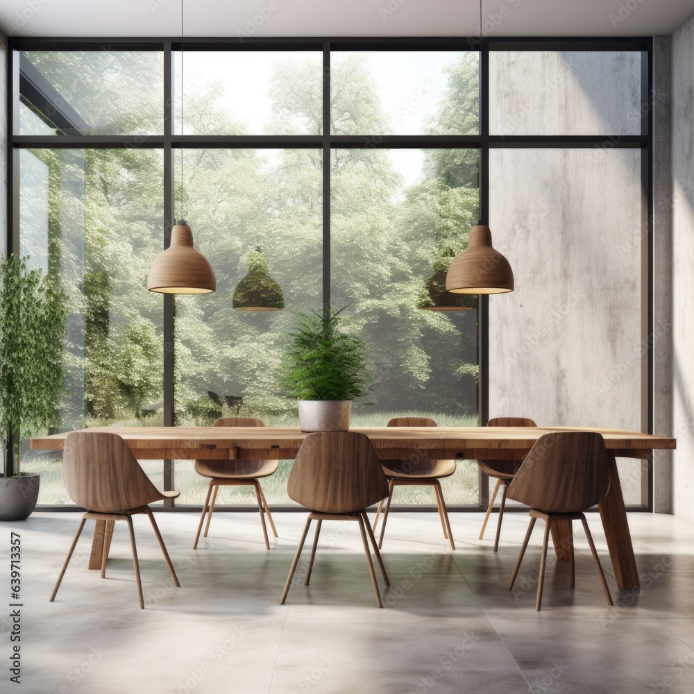  Interior of modern dining room, wooden dining table and chairs in room with window