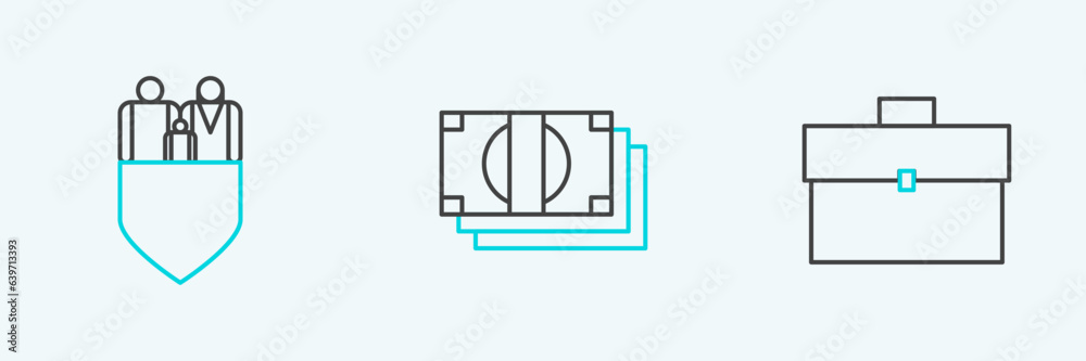 Set line Briefcase, Family insurance with shield and Stacks paper money cash icon. Vector Set line Briefcase, Family insurance with shield and Stacks paper money cash icon. Vector