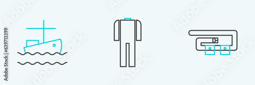 Set line Diving belt, Fishing boat on water and Wetsuit for scuba diving icon. Vector